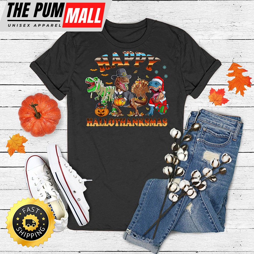 Happy Hallothanksmas Dinosaur T-rex Halloween Thanksgiving T-Shirt