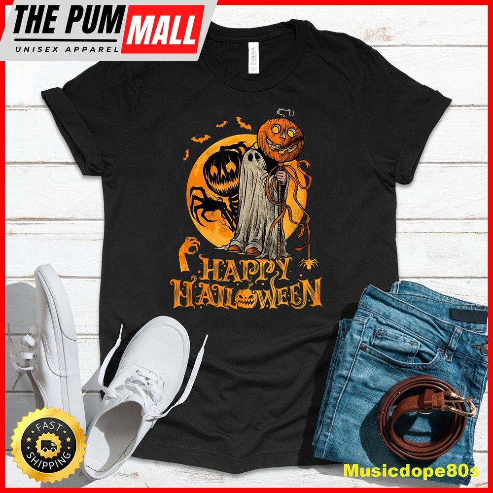 Happy Halloween Pumpkin Ghost Autumn Leaves Graphic Art T-Shirt