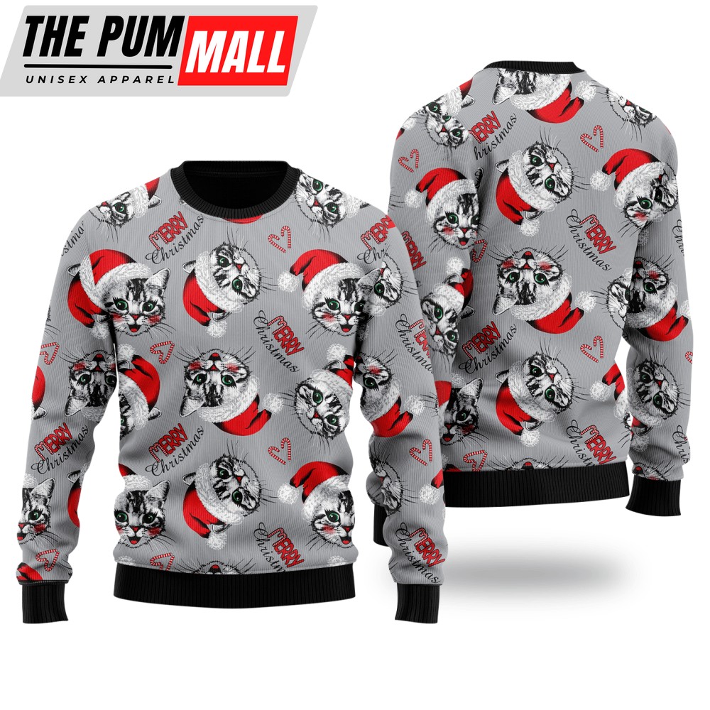Happy Kitten Cat Merry Xmas Pattern Ugly Christmas Sweater For Men & Women