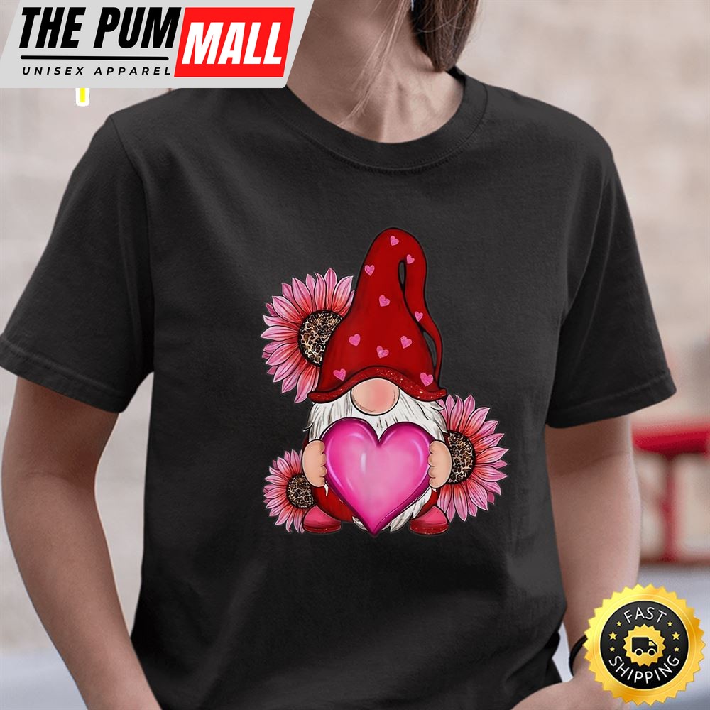 Happy Valentines Day Gnome With Leopard Sunflower Valentine T-Shirt