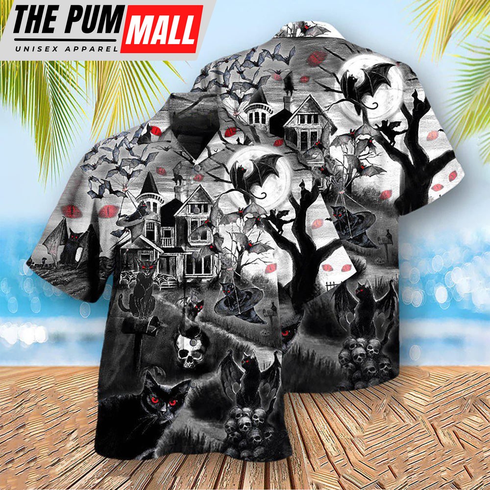 Haunted Castle Black Bat Cat Halloween Hawaiian Shirt