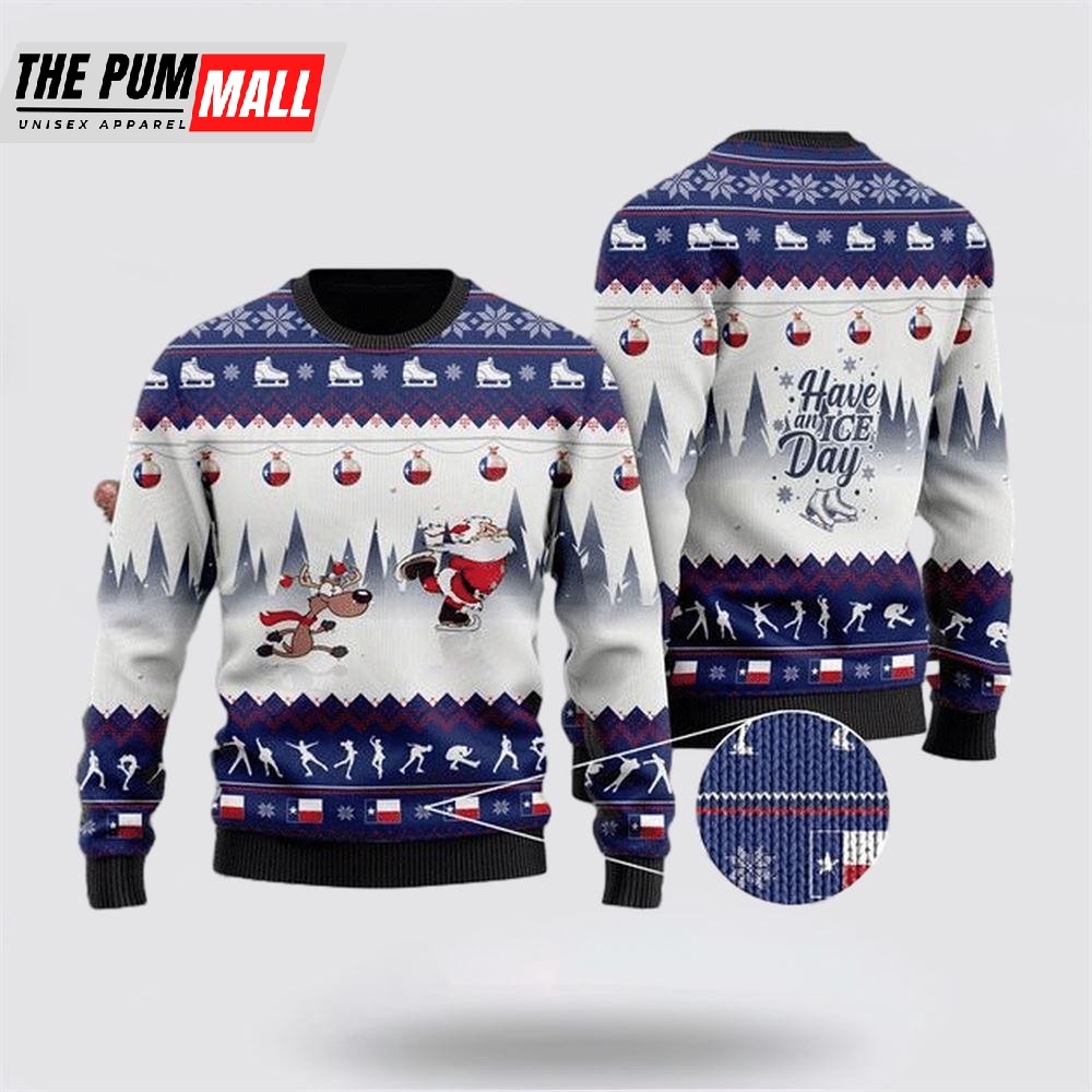 Have An Ice Day Santa Claus And Reindeer Speed Skating Ugly Christmas Sweater