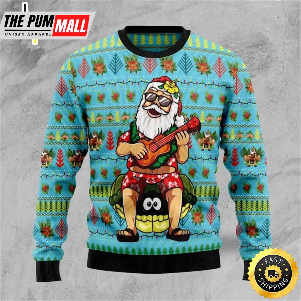 Hawaiian Xmas Santa Playing Ukulele And Turtle Sweater