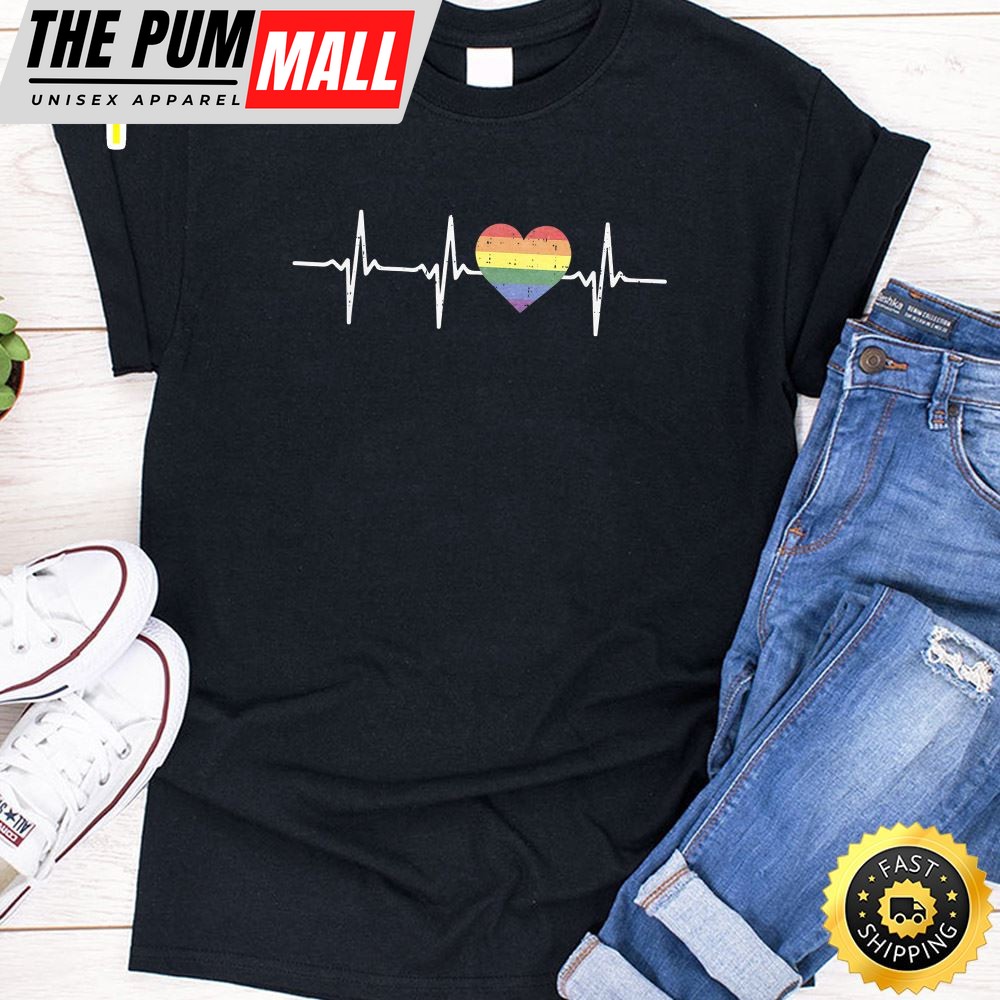 Heartbeat Rainbow Heart Gay LGBT Pride Medical Nurse Gift Valentines Day T-shirt