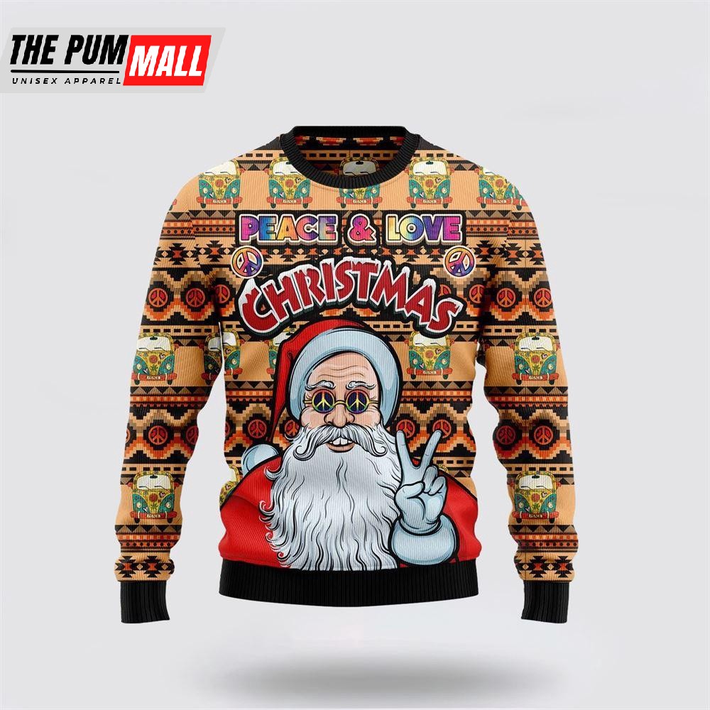 Hippie Santa Claus Peace And Love Ugly Christmas Sweater