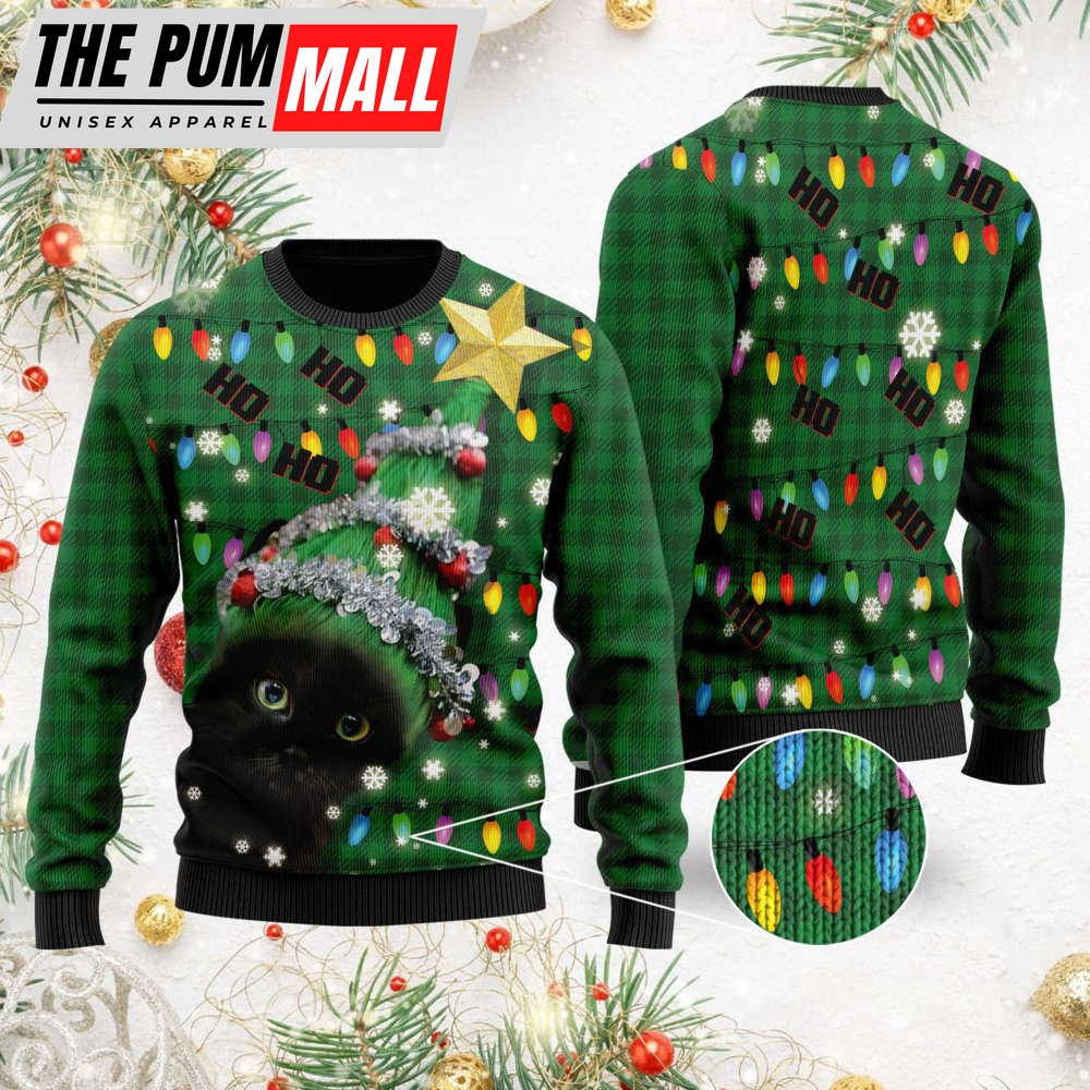 Ho Ho Ho Black Cat Christmas Tree Ugly Sweater, Best Gift For Christmas 2023