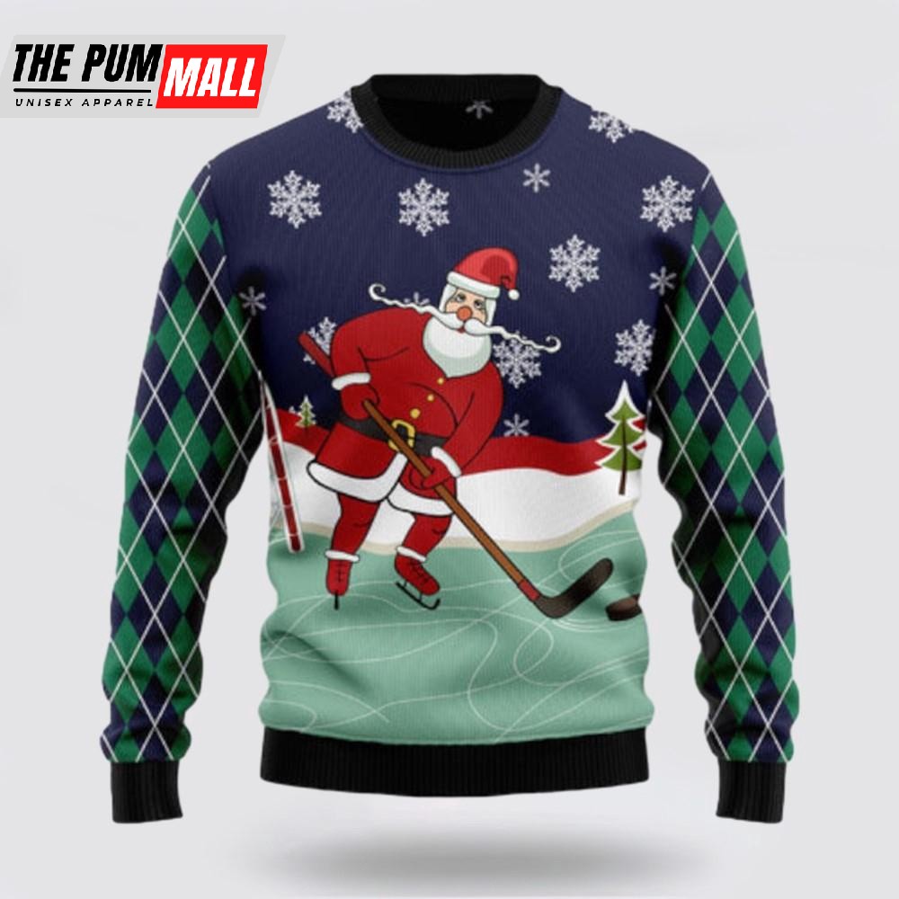 Hockey Santa Claus Ugly Sweater, Funny Santa Sweaters
