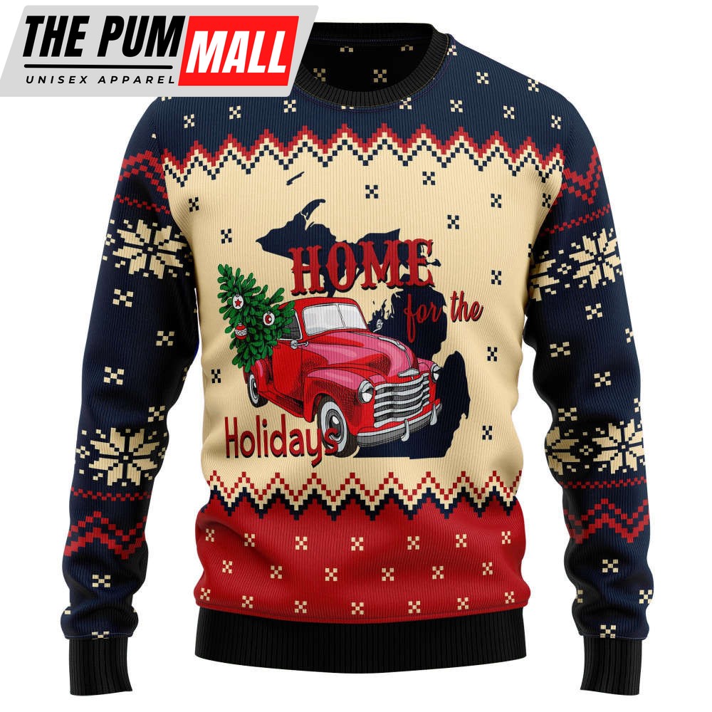 Home For The Holidays Michigan Ugly Christmas Sweater, Home For The Holidays Michigan Unisex Crewneck Sweater
