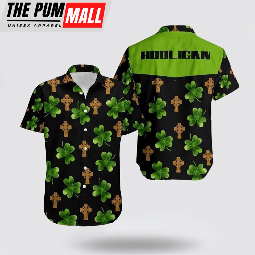 Hooligan Shamrock Irish Cross Patricks Day Hawaiian Shirt, St Patricks Day Shirts, Shamrock Hawaiian Shirt