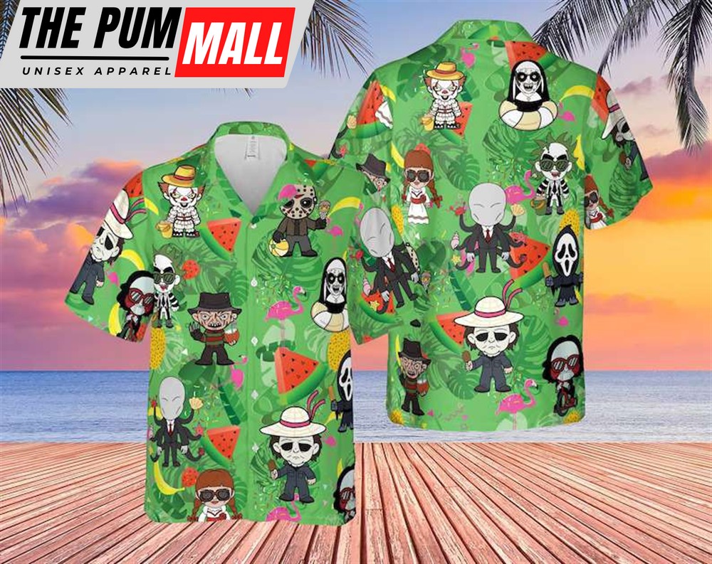 Horror Characters Halloween Hawaiian Shirt, Horror Aloha Vibes Beach Shirt, Gift for Horror Movie Fan Lover