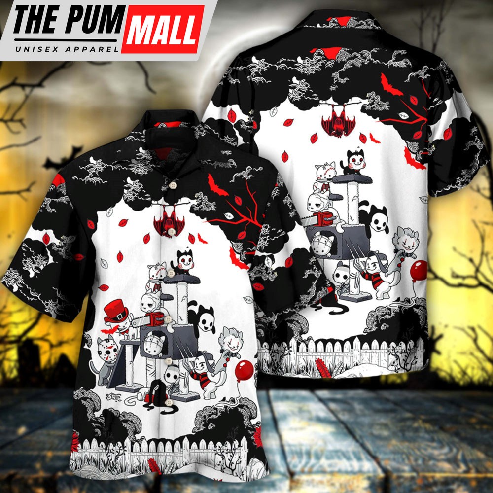 Horror Characters Movie Kitten Cosplay Hawaiian Shirt, Funny Halloween Horror Scary Movie Button Down Shirt