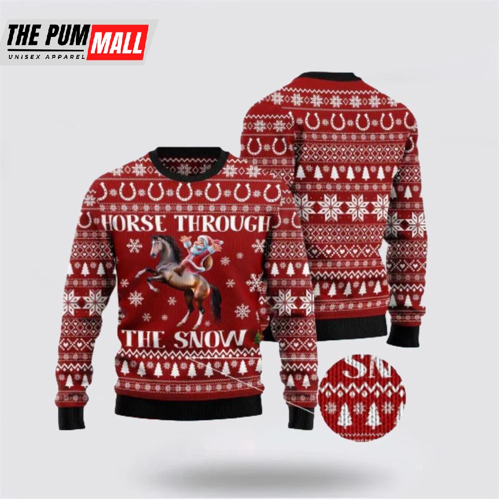 Horse Christmas Ugly Sweater Santa Claus Horse Through The Snow Red