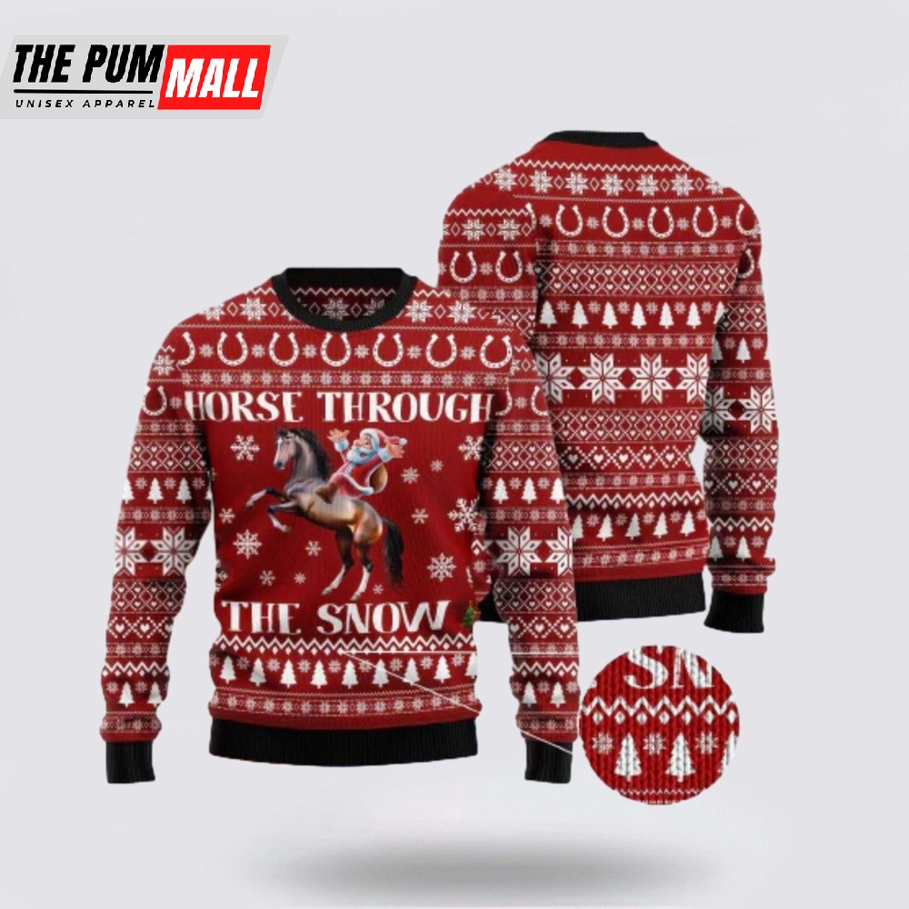 Horse Christmas Ugly Sweater Santa Claus Horse Through The Snow Red White Sweater
