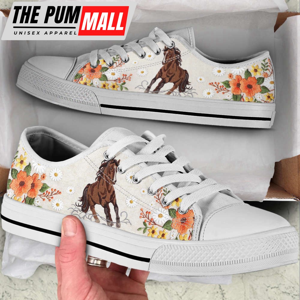 Horse Embroidery Floral Low Top Shoes: Canvas Print Casual Shoes