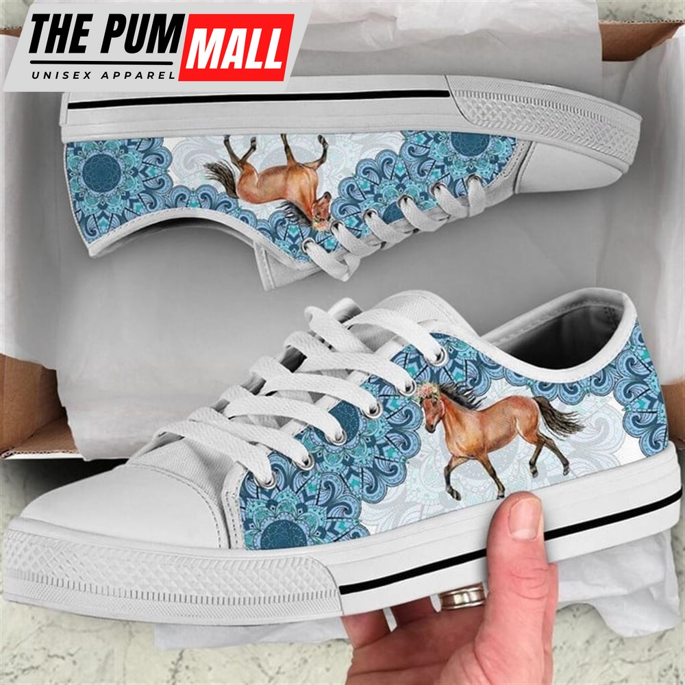 Horse Watercolor Mandala Blue Canvas Low Top Shoes – Low Top Shoes Mens, Women