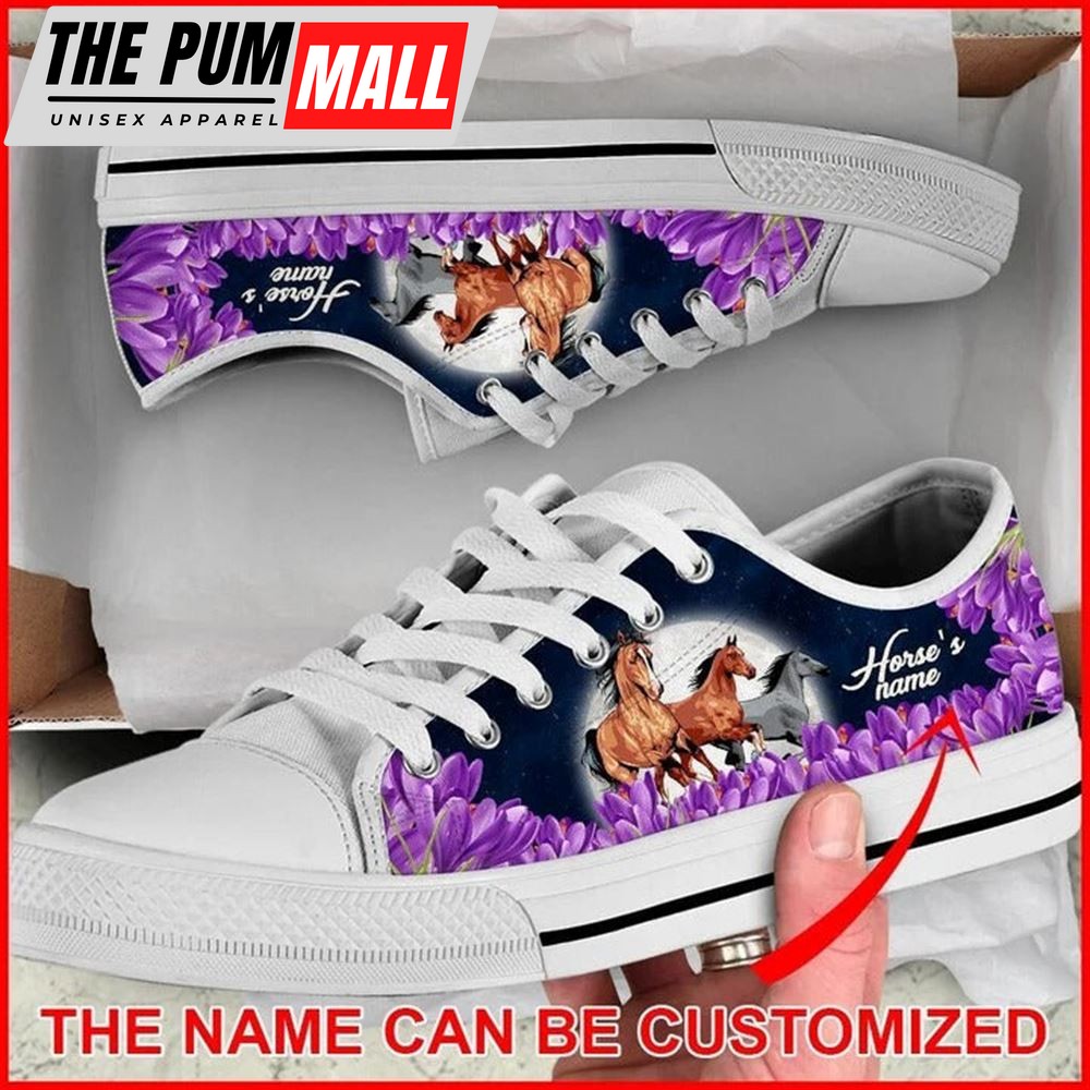 Horse’s Name Horse Purple Flower Personalized Canvas Low Top Shoes – Low Top Shoes Mens, Women