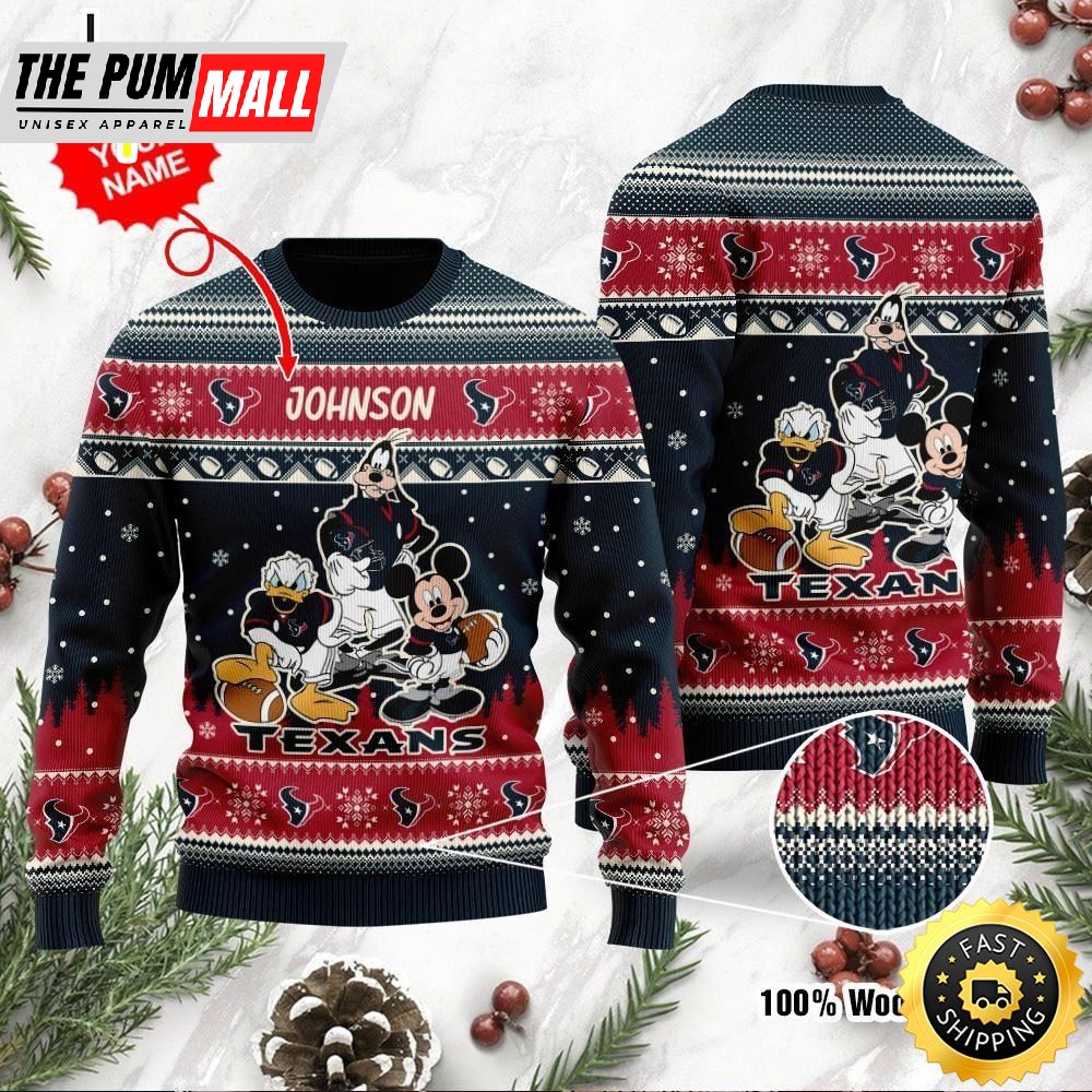 Houston Texans Disney Donald Duck Mickey Mouse Goofy Personalized Ugly Christmas Sweater Perfect Holiday Gift