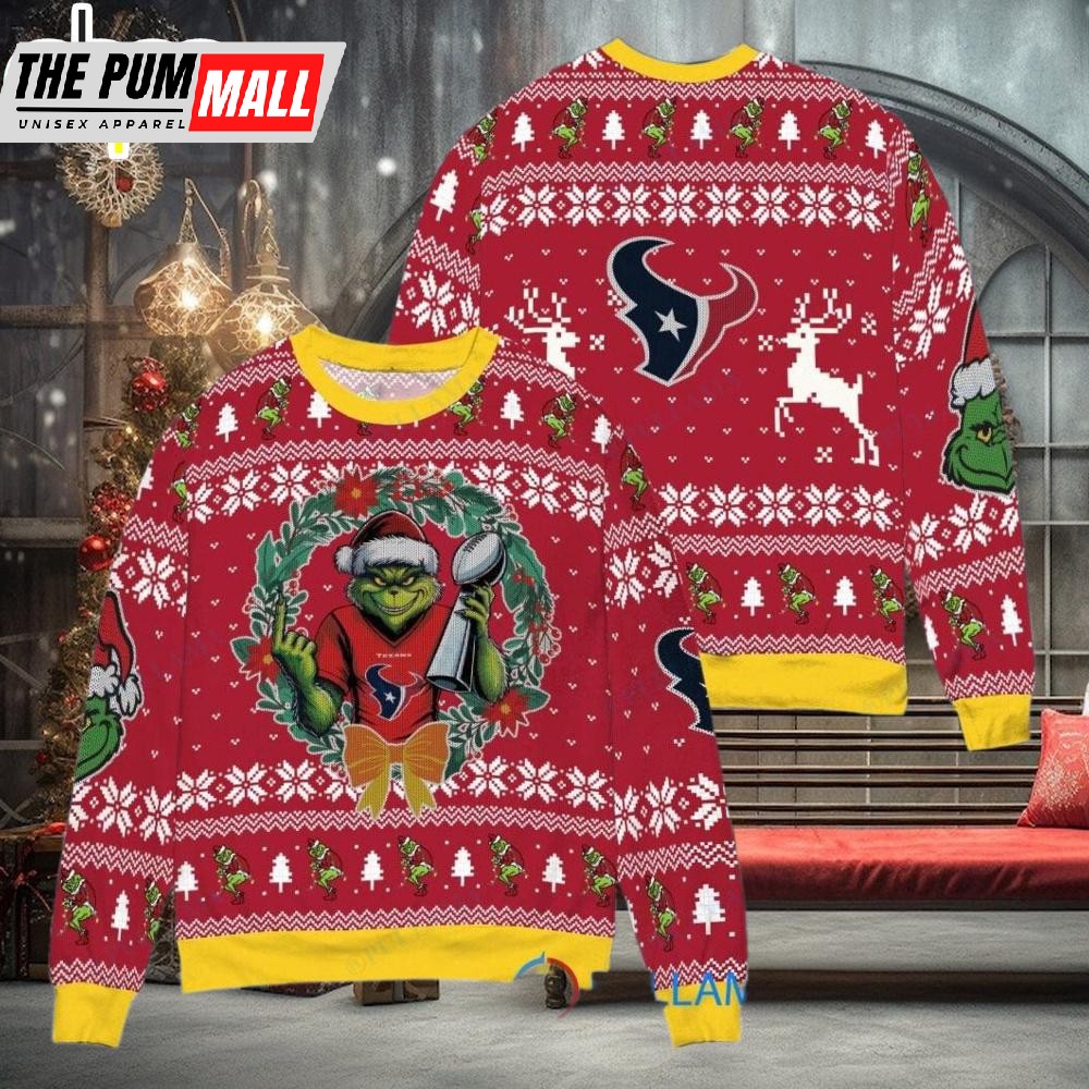 Houston Texans x Grinch NFL Grinch Super Bowl Trophy Ugly Christmas Sweater