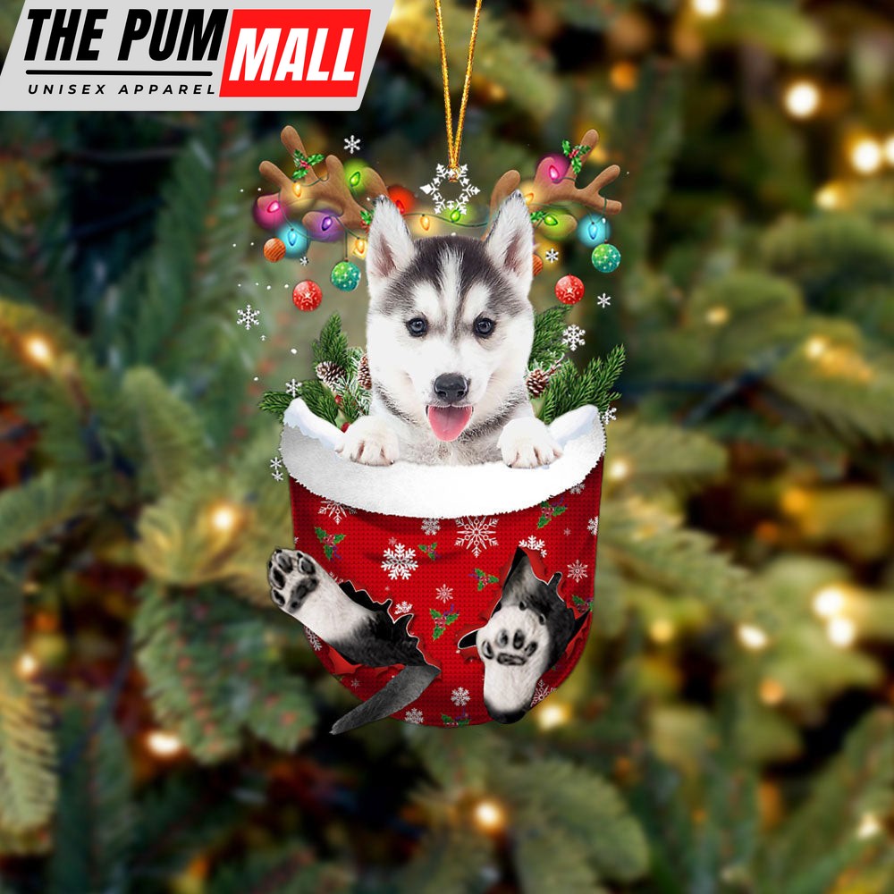 Husky 2 In Snow Pocket Christmas Ornament – Two Sided Christmas Plastic Hanging Limited Edition