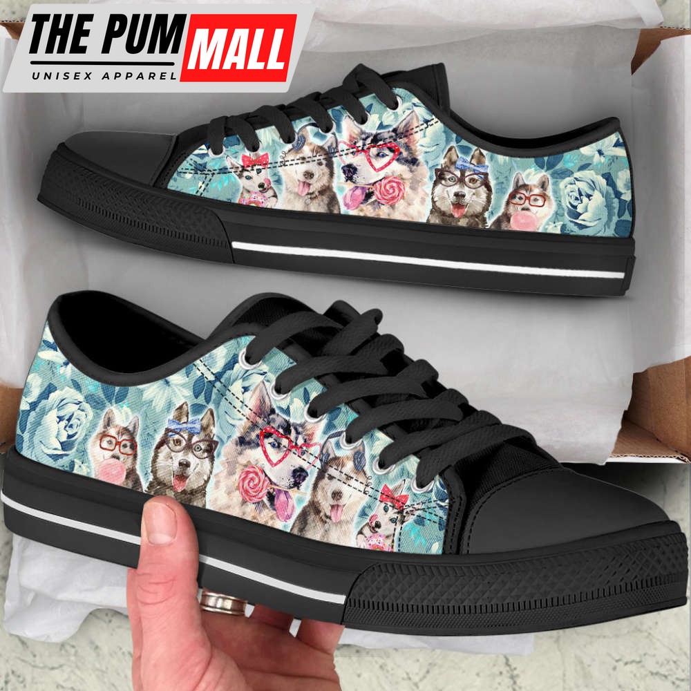 Husky Dog Flowers Pattern Low Top Shoes Canvas Sneakers Casual Shoes