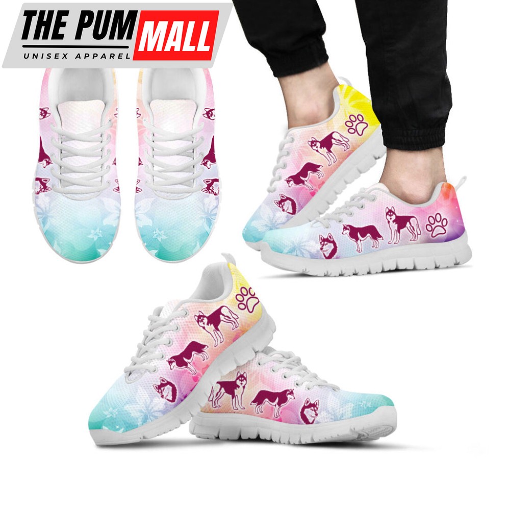 Husky Dog Lover Shoes Rainbow Flower Sneakers Walking Running Lightweight Casual Shoes For Pet Lover