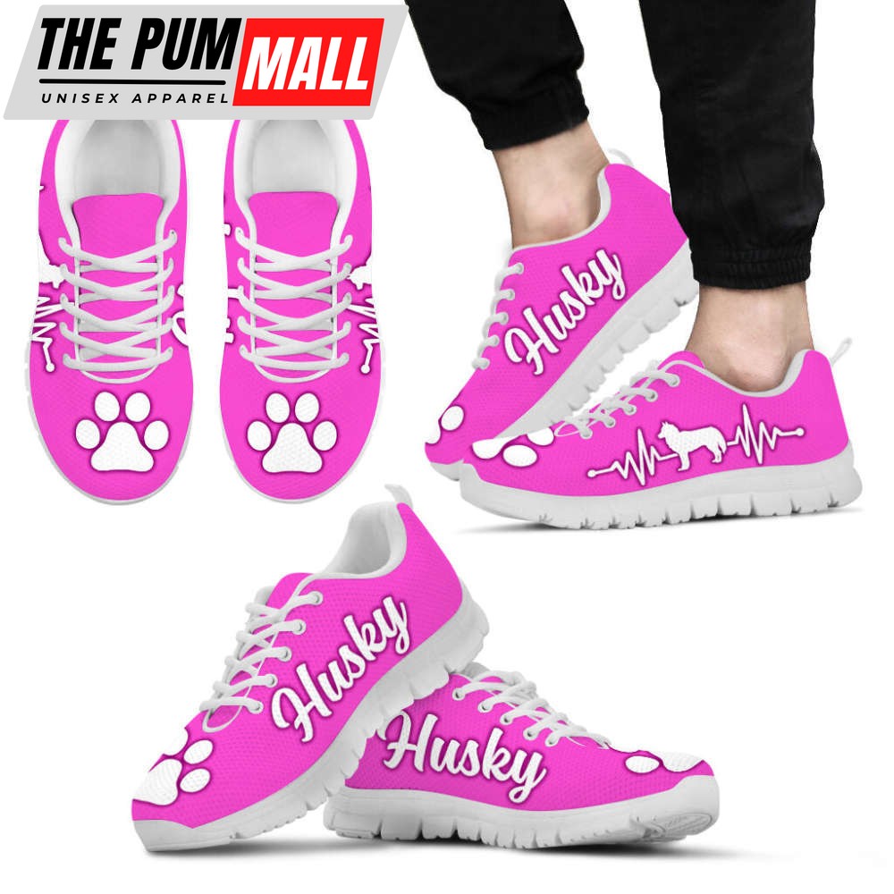 Husky Dog Lover Shoes White Heartbeat Pink Sneakers Walking Running Lightweight Casual Shoes For Pet Lover
