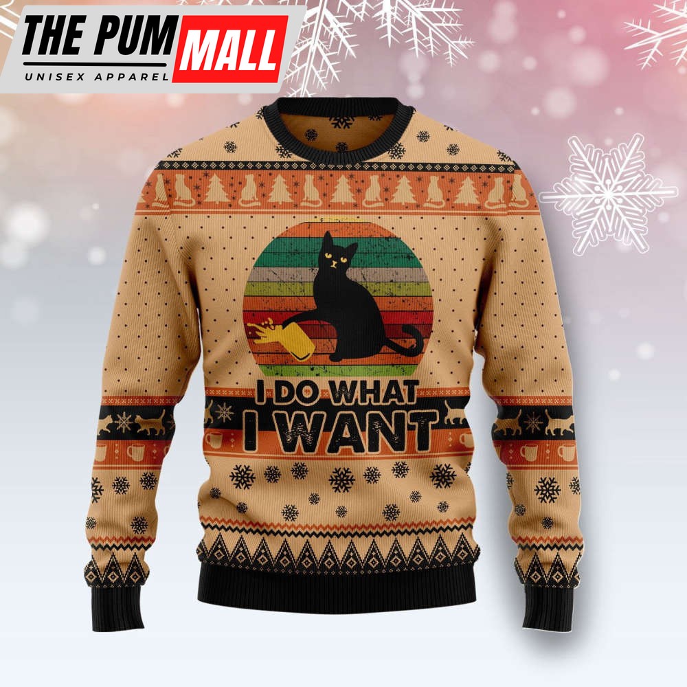 I Do What A Want Black Cat Ugly Christmas Sweater, Christmas Gift For Cat Lover