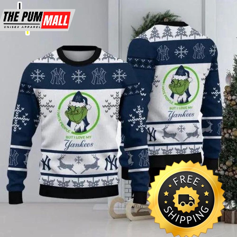 I Hate People But I Love New York Yankees Grinch Ugly Christmas Sweater, New York Yankees Ugly Sweater, MLB Christmas Sweater