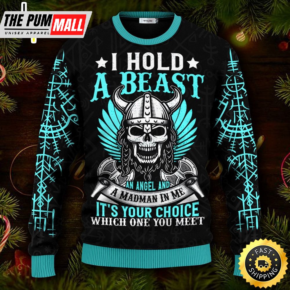 I Hold A Beast An Angel Viking Ugly Skull Sweater Christmas
