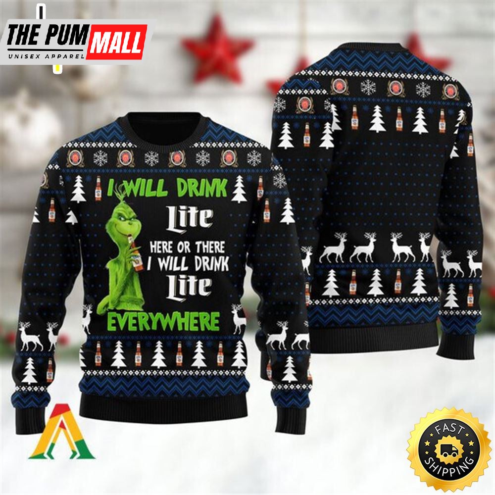I Will Drink Miller Lite Everywhere Christmas Xmas Ugly Sweater Gift