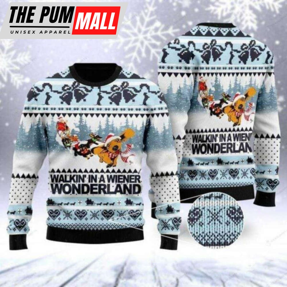In A Wiener Wonderland For Dachshund Ugly Sweater, Dog Lover Walkin For Christmas