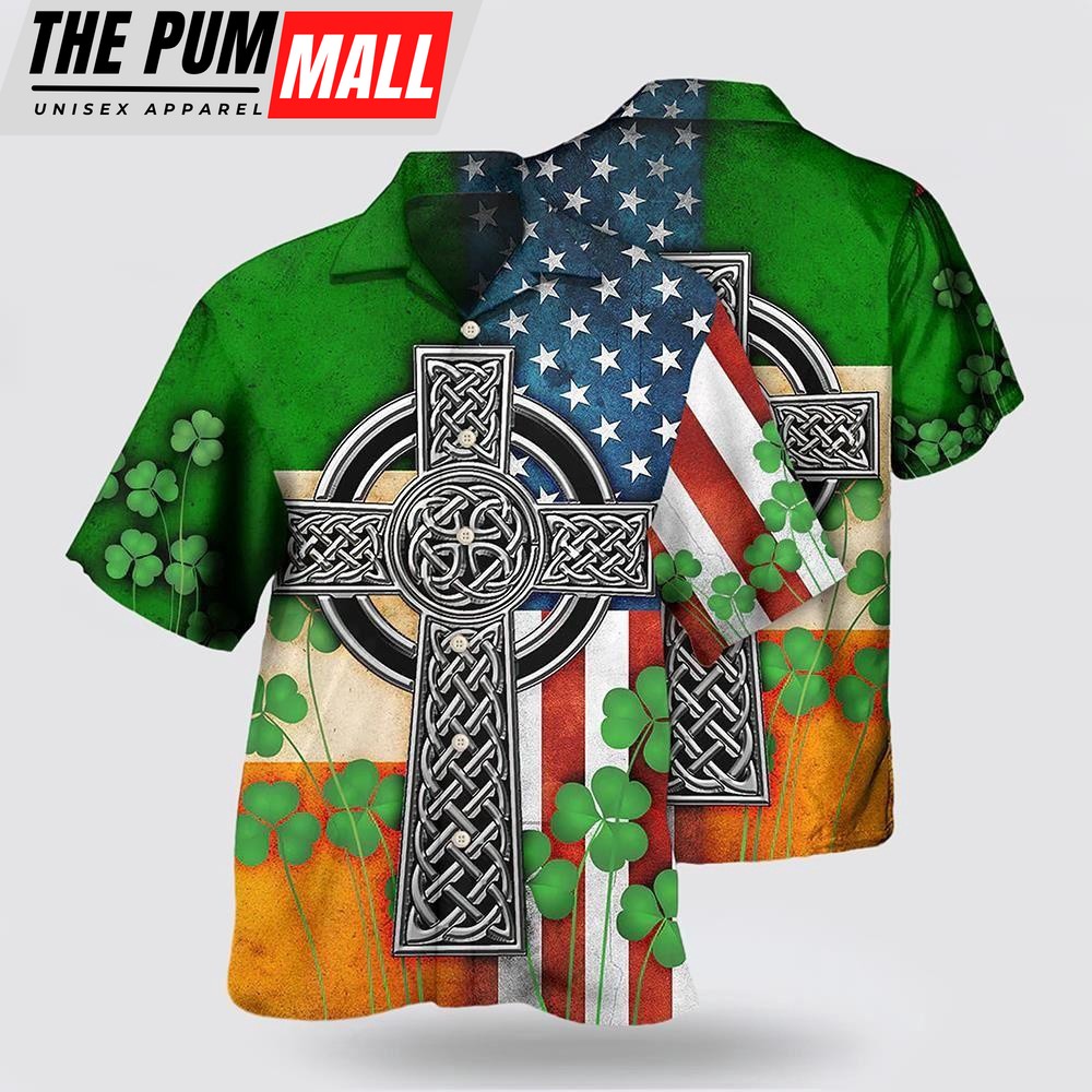Irish American Flag Celtic Cross Irish Saint Patrick’S Day All Over Hawaiian shirt, St Patricks Day Shirts, Shamrock Hawaiian Shirt