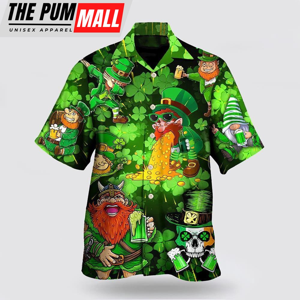 Irish Beer St Patrick’s Day Viking Skull Leprechaun Gnome Hawaiian Shirt, St Patricks Day Shirts, Shamrock Hawaiian Shirt