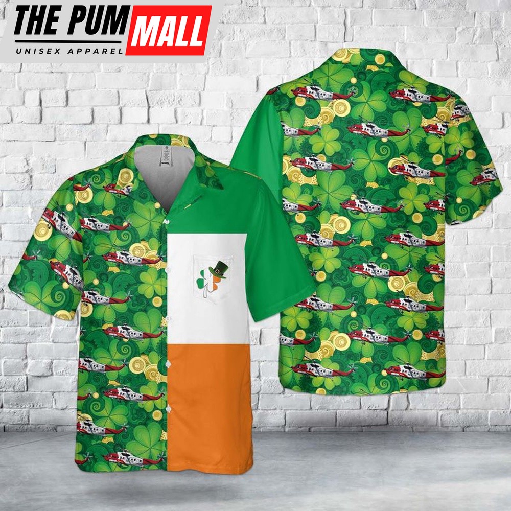 Irish Coast Guard Sikorsky S-61N, St Patrick’s Day Pocket Hawaiian Shirt, Shamrock Hawaiian Shirt