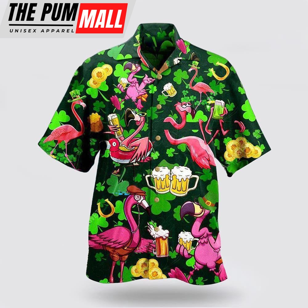 Irish Pink Flamingos Drink Beer Patricks Day Pattern Hawaiian Shirt, St Patricks Day Shirts, Shamrock Hawaiian Shirt