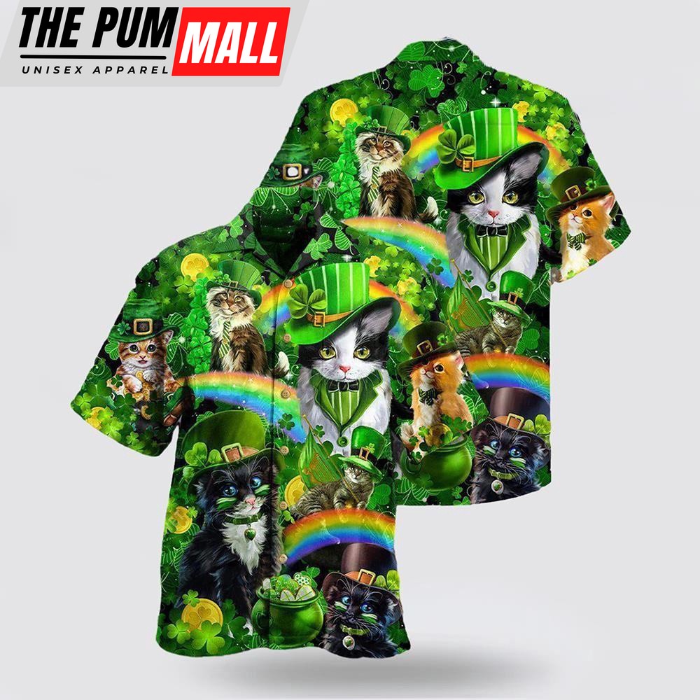 Irish Saint Patricks Day Cats Shamrocks Hawaiian Shirt, St Patricks Day Shirts, Shamrock Hawaiian Shirt