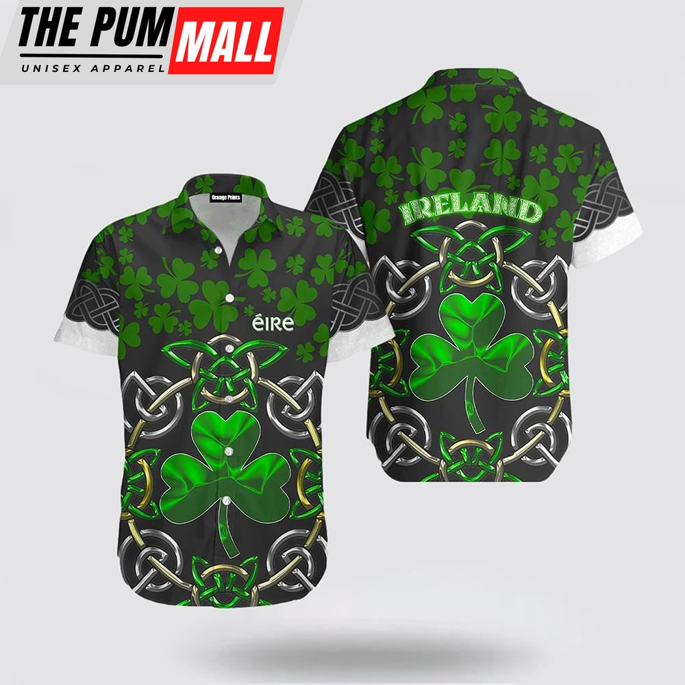 Irish Saint Patrick’s Day Shamrock Celtic Cross Hawaiian Shirt, St Patricks Day Shirts, Shamrock Hawaiian Shirt