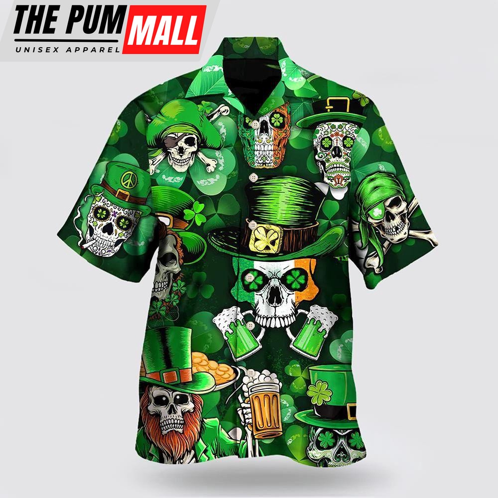Irish Skull St Patrick’s Day Green Light Hawaiian Shirt, St Patricks Day Shirts, Shamrock Hawaiian Shirt