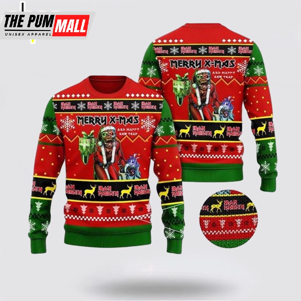 Iron Maiden Santa Eddie Merry Xmas And Happy New Year 2025 Ugly Christmas Sweater