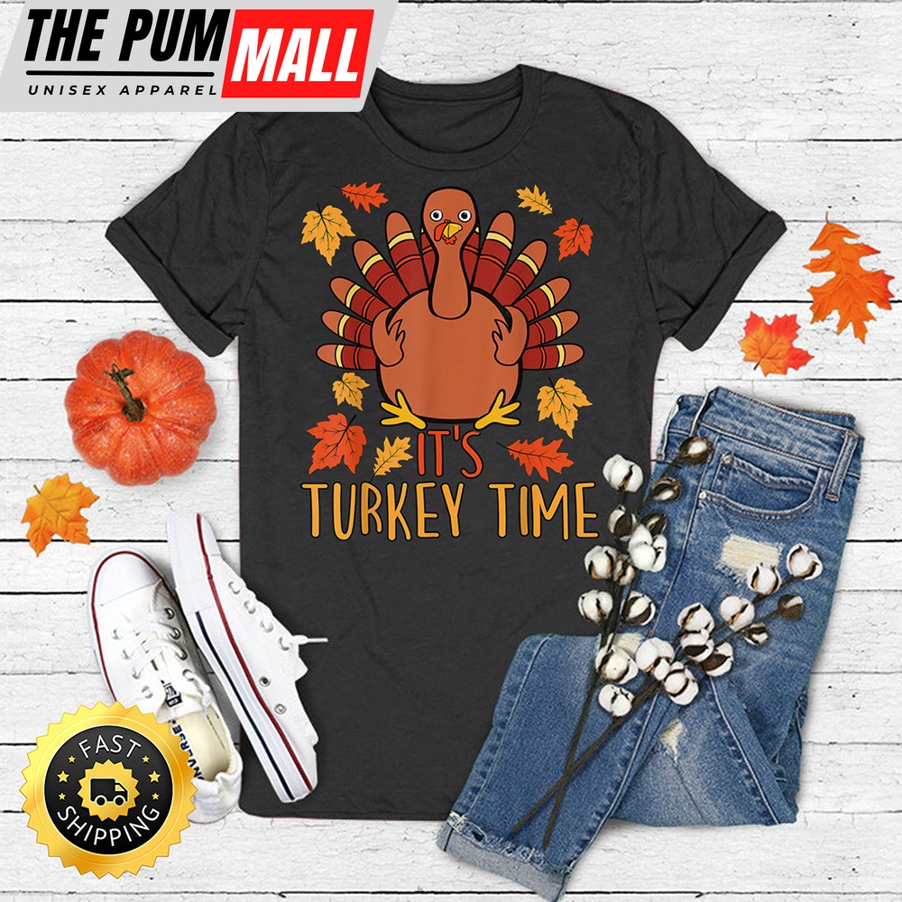 Its Turkey Time Thanksgiving Shirt for Women Falling Leaf T-Shirt