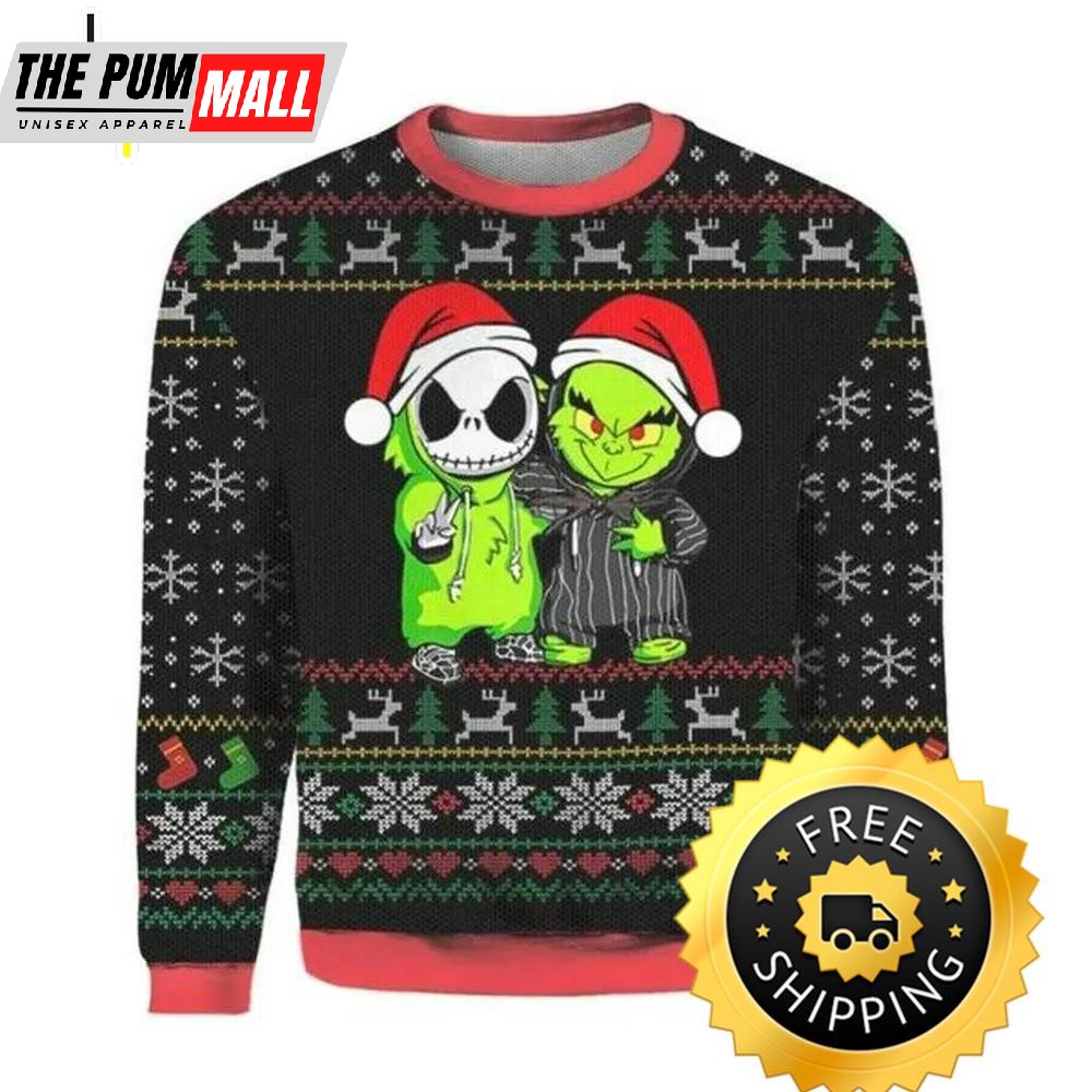 Jack Skellington and Grinch Ugly Christmas Sweater, Jack Skellington Ugly Sweater