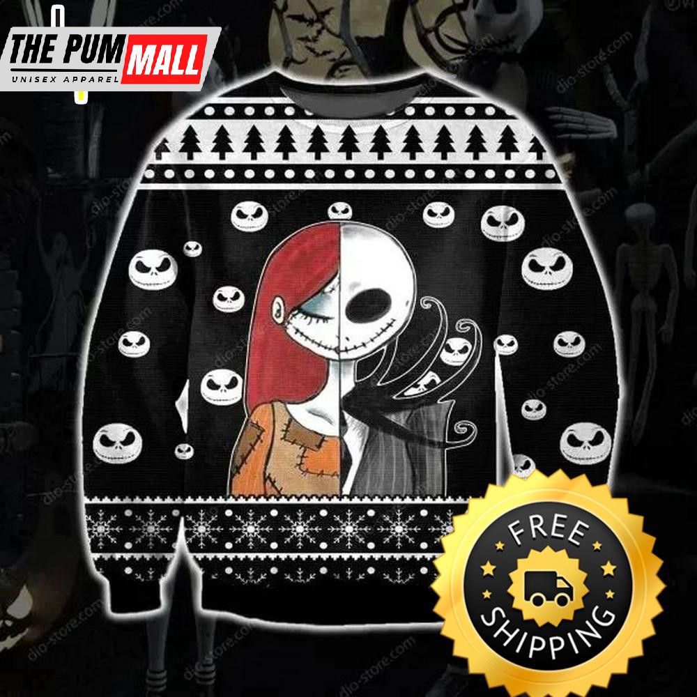 Jack Skellington And Sally Knitting Pattern 3D Print Ugly Christmas Sweater, Halloween Christmas Sweater