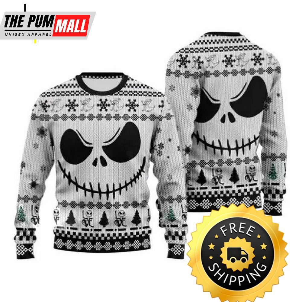 Jack Skellington Black White Ugly Sweater, Halloween Christmas Sweater