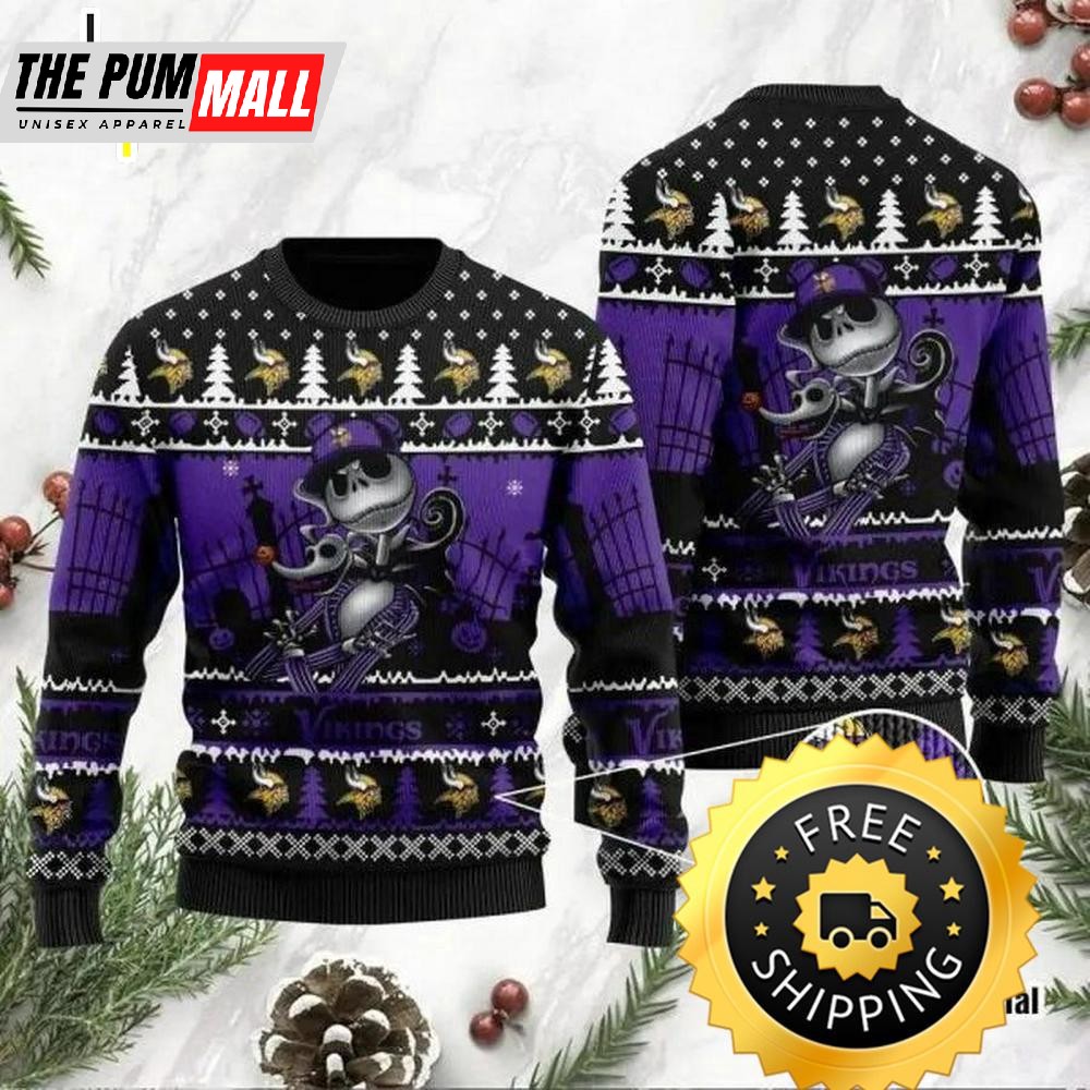 Jack Skellington Minnesota Vikings Halloween Ugly Christmas Sweater, Jack Skellington Ugly Sweater