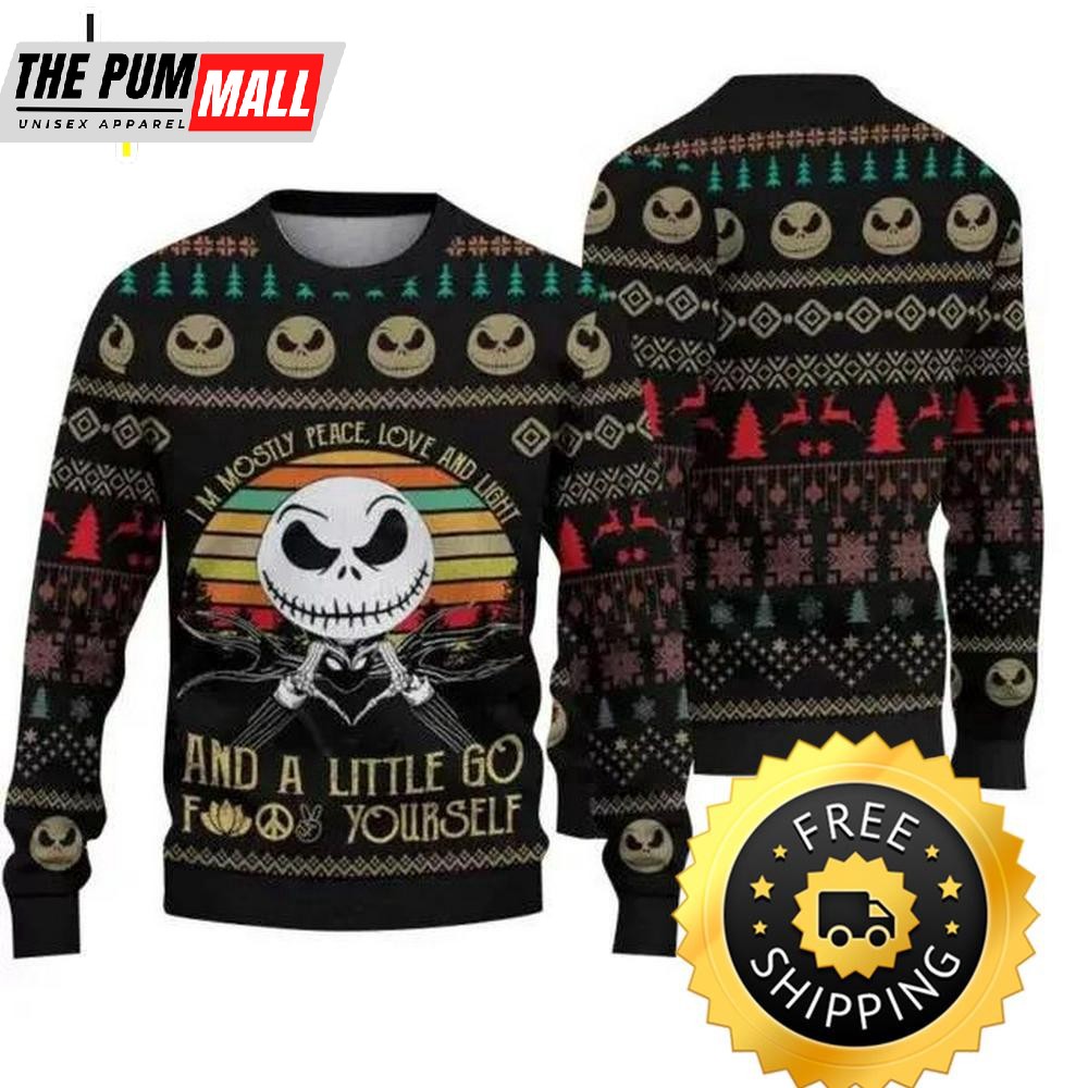 Jack Skellington Mostly Peace Love Light Christmas Ugly Sweater, Jack Skellington Ugly Sweater, Halloween Christmas Sweater