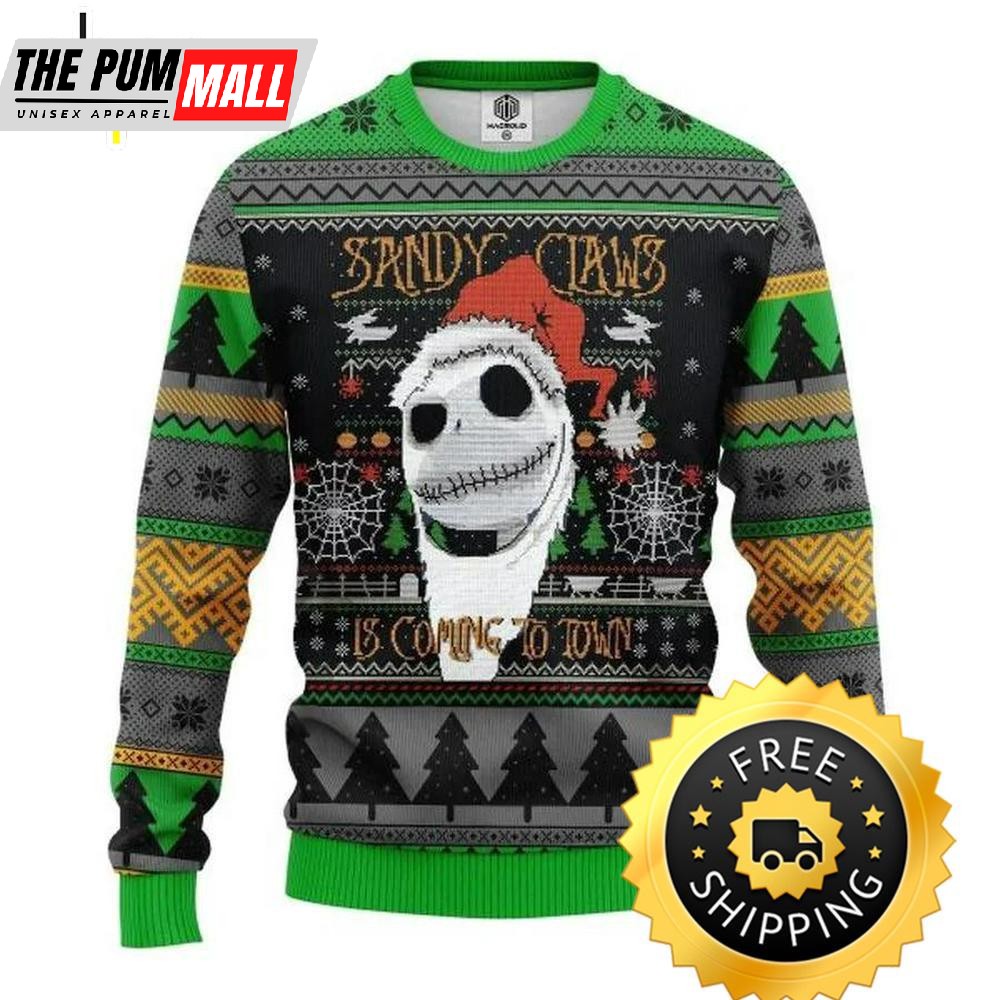 Jack Skellington Nightmare Before Christmas Sandy Claws Is Coming To Town Ugly Christmas Sweater, Jack Skellington Ugly Sweater