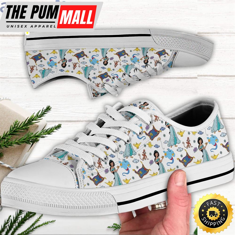Jasmine Princess Patterns White Blue Disney Cartoon Sneakers Low Top Canvas Shoes