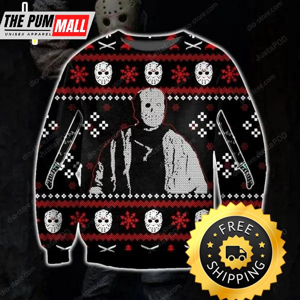 Jason Voorhees Knitting Pattern 3D Print Ugly Christmas Sweater, Halloween Christmas Sweater