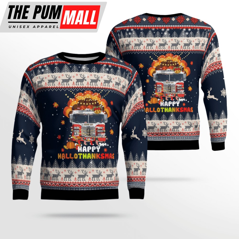 Jersey City Fire Dept Happy Hallothanksmas Ugly Christmas Sweater – Gift For Christmas Day