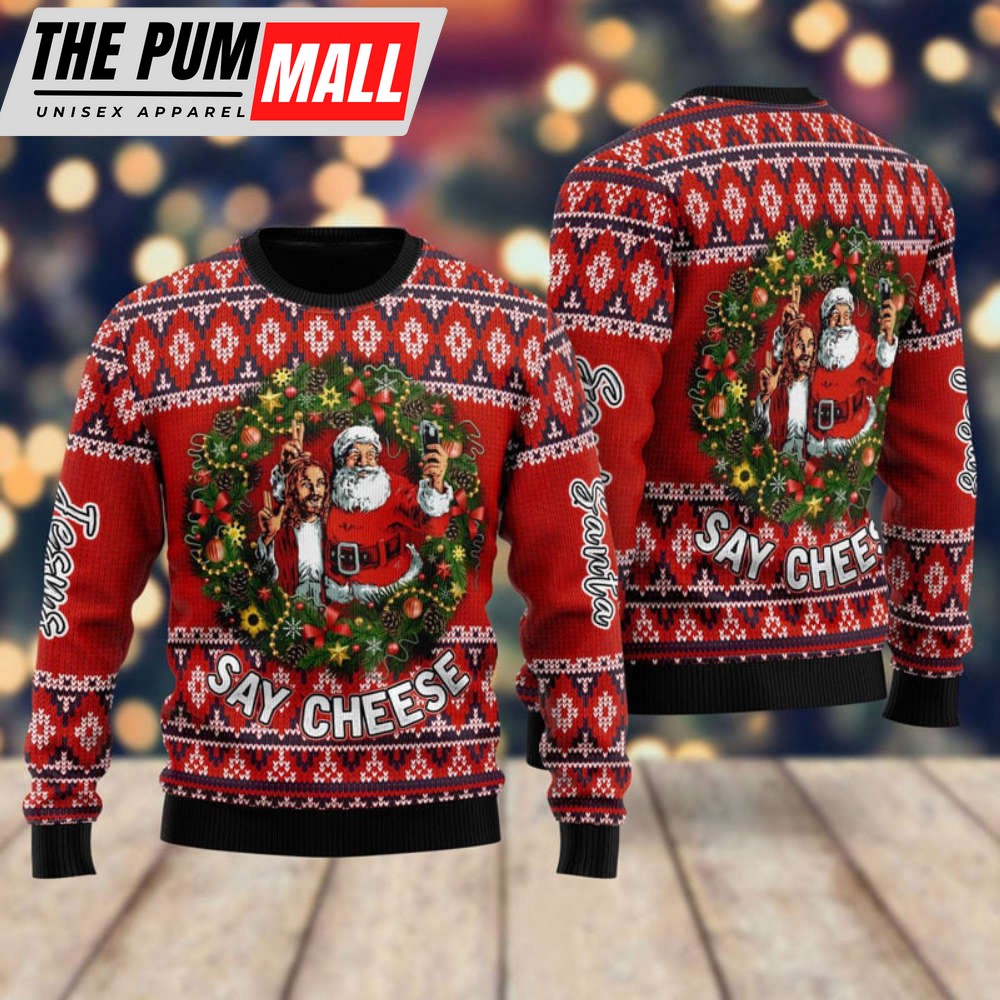 Jesus And Santa Say Cheese Ugly Christmas Sweater, Best Gift For Christmas 2023
